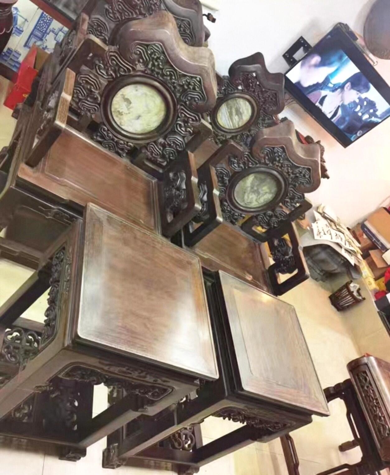 老红木嵌云石灵芝太师椅四椅两茶几一套六件套 