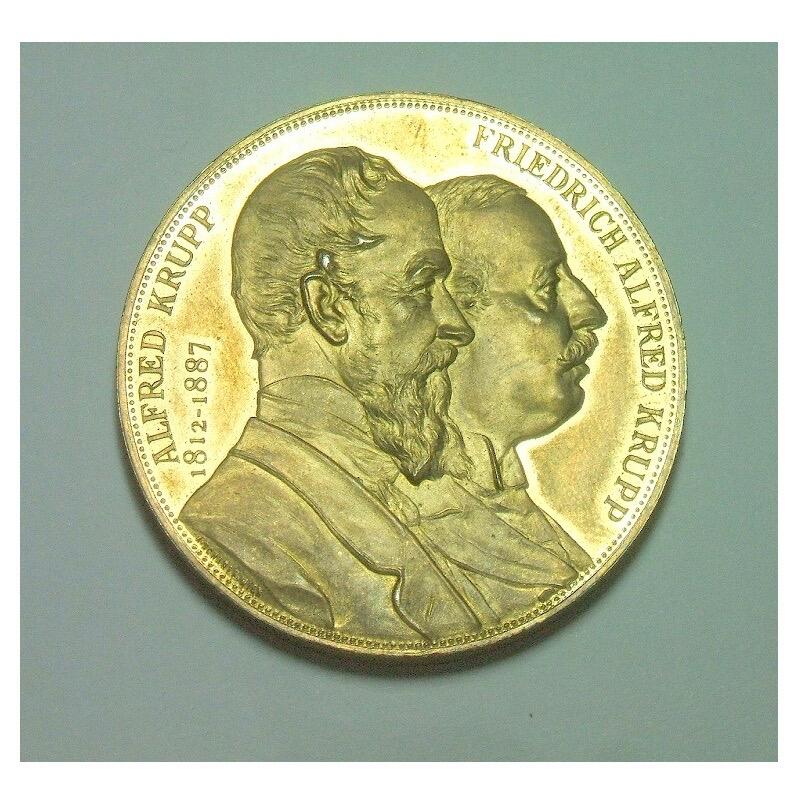 德国1892年 克虏伯军火商父子及雕像高浮雕精制大镀金章 42MM