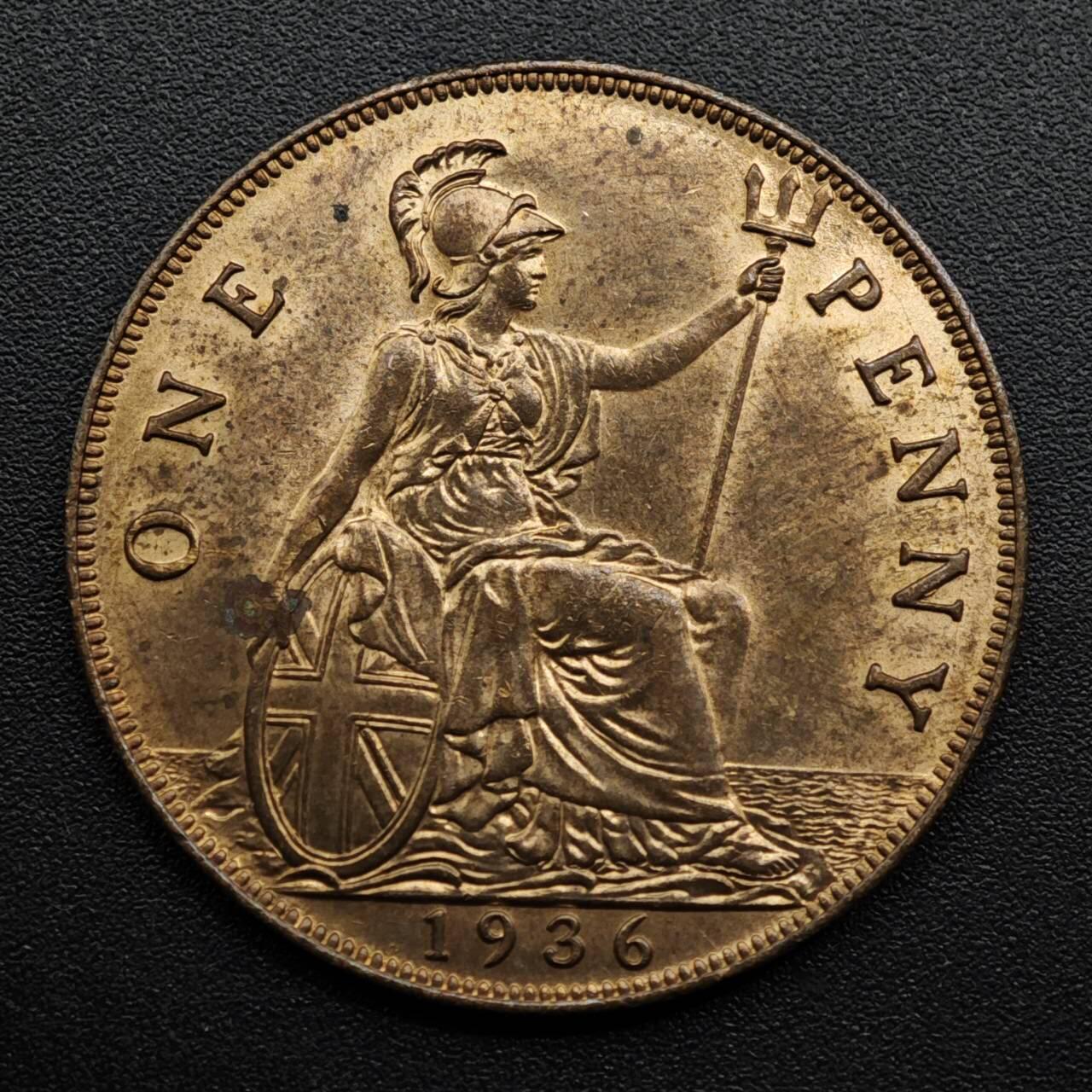 【淘币小摊】限时拍第八百五十七拍  老铜币场  满百包邮可预留两周  周一统一发货  英国1936年乔治五世一便士铜币原光品