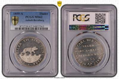 【德藏】世界币章拍卖第163期（拍品征集中~欢迎藏友联系） - 1855年 德国安哈尔特-贝恩堡小熊爬墙泰勒银币 发行量2万枚 发行较少年份 PCGS MS62 是目前PCGS的亚军分之一 正面是小熊爬墙的图案，背面是矿业祈福字样。雕工精美，细节清晰，小熊身上的毛发和城墙砖纹等没有磨损，镜面底板，原光效果，值得收藏。