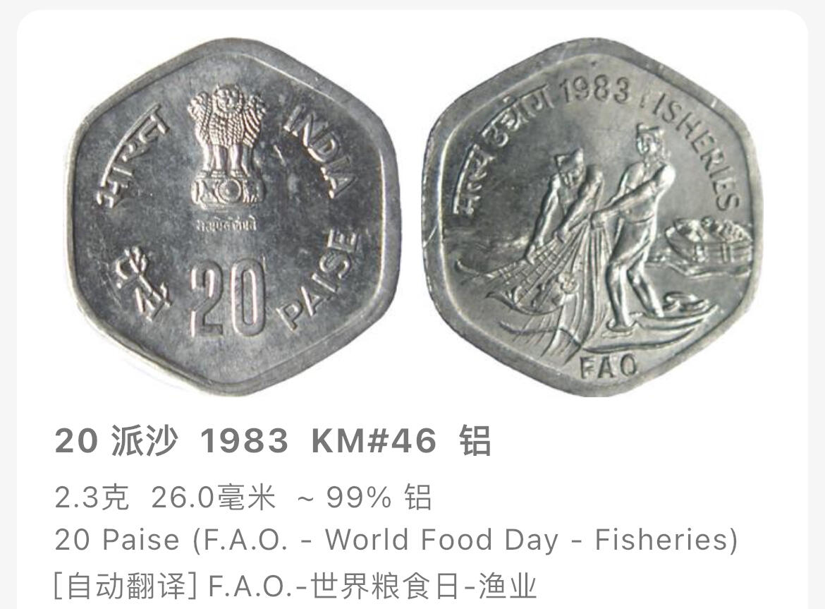 回流0201 印度1983年20派沙（Paise）FAO主题流通币 渔业