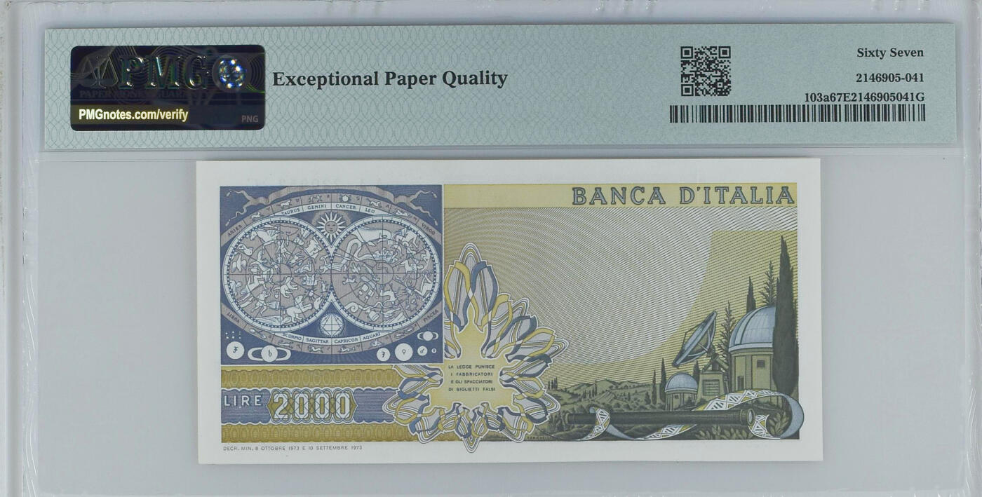 《艾美收藏》第230期-2.1周日外币年前精品场 意大利1973年稀少AA冠2000里拉PMG67E亚军分 冠军68分仅1张 伽利略 Pick#103a