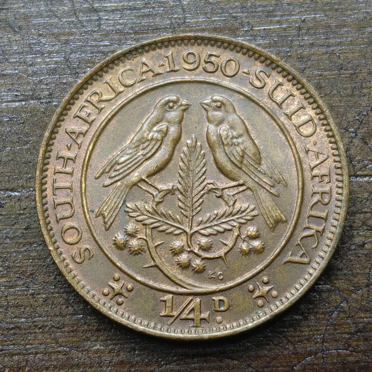 【铜匠收藏】★第142★散币专场 不寄存，30包邮。不满30元，支付5元运费。《接受代拍 代送NGC评级》 94【无寄存】英属南非 1950年 1法新 麻雀 乔治六世国王 青铜币