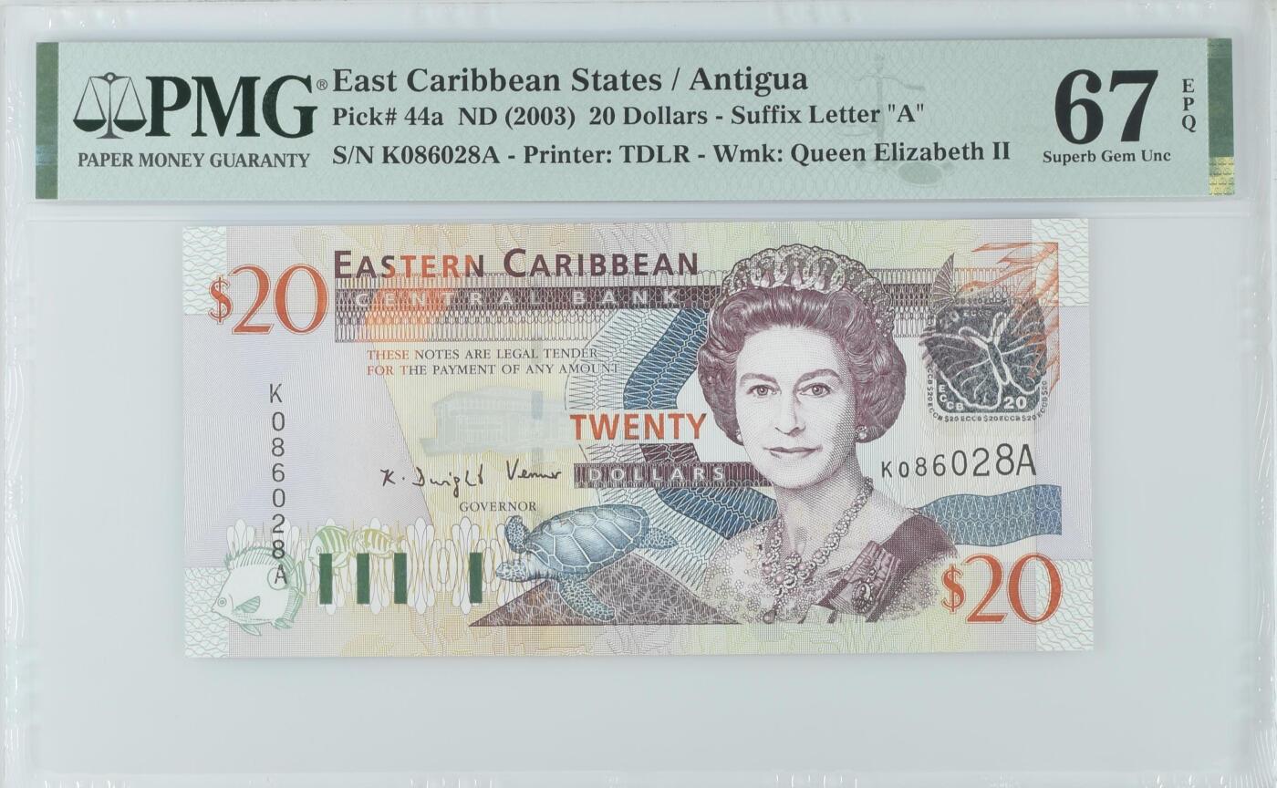 《艾美收藏》第230期-2.1周日外币年前精品场 东加勒比安提瓜2003年20元PMG67E亚军分无347尾8 冠军68分仅4张 少见a版 Pick#44a女王精品