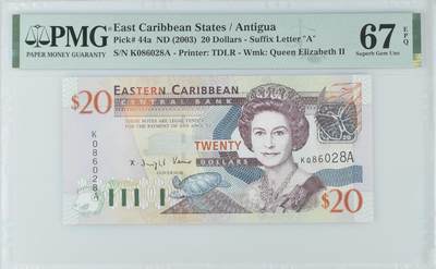 《艾美收藏》第230期-2.1周日外币年前精品场 - 东加勒比安提瓜2003年20元PMG67E亚军分无347尾8 冠军68分仅4张 少见a版 Pick#44a女王精品