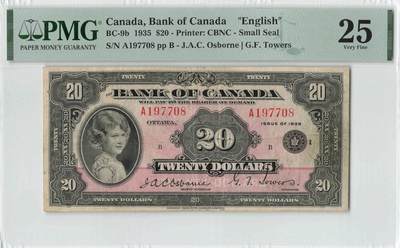 小福收藏拍卖第200期 【庆典场 中拍就有好礼相赠】评级币精选场 本期有捷克斯洛伐克20年100克朗慕夏作品大珍 69分倒置百位号布隆迪世界最大纸币  35年版加拿大经典 苏格兰格拉斯哥大学500年纪念钞倒置小号 卡塔尔80年100里亚尔冠军分 美国教育券 意大利拉斐尔 乌克兰 库克群岛 墨西哥 南斯拉夫 亚美尼亚等多国精美高分珍稀老钞精品纸币 - 加拿大 1935年 20元 伊丽莎白公主 Edwin Gunn根据皇家摄影师马库斯亚当斯拍摄照片所雕刻而成 经典 A冠 尾8 PMG25