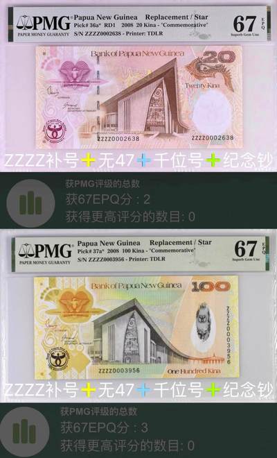 【礼羽收藏】🌏世界钱币拍卖第122期 - PMG67 巴布亚新几内亚20和100基纳 2008年纪念钞 发行量极少 千位号 无47 全球唯一ZZZZ补号的纸币（20是唯二冠军分，100是唯三冠军分，这版很难上分的原因是塑料窗口很少有瑕疵）
