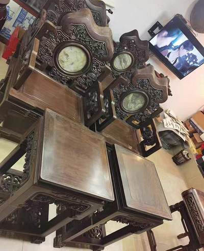 老红木嵌云石灵芝太师椅四椅两茶几一套六件套 