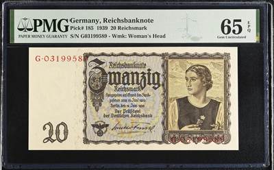 《艾美收藏》第230期-2.1周日外币年前精品场 - 德国1939年早期老版本20马克PMG65E无47 纸币全新品相 百年老票 好品难得 Pick#185