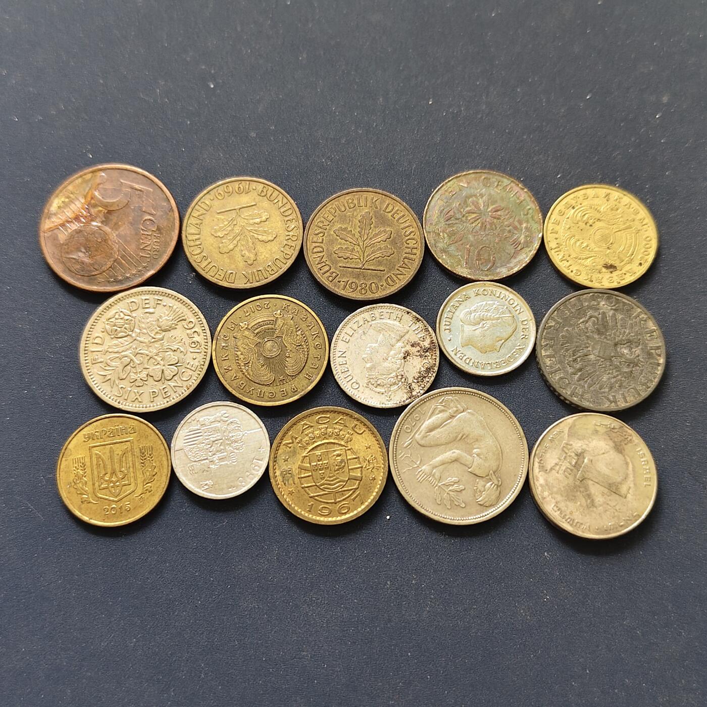 【全场包邮】纯粹捡漏拍498场-持续更新中 世界各国各年份散币N组-15枚一组-德国+澳门+哈萨克斯坦+马来亚等