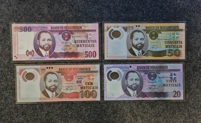 【礼羽收藏】🌏世界钱币拍卖第122期 - （一组4张）非洲 莫桑比克 20.50.100.500. 全新UNC 