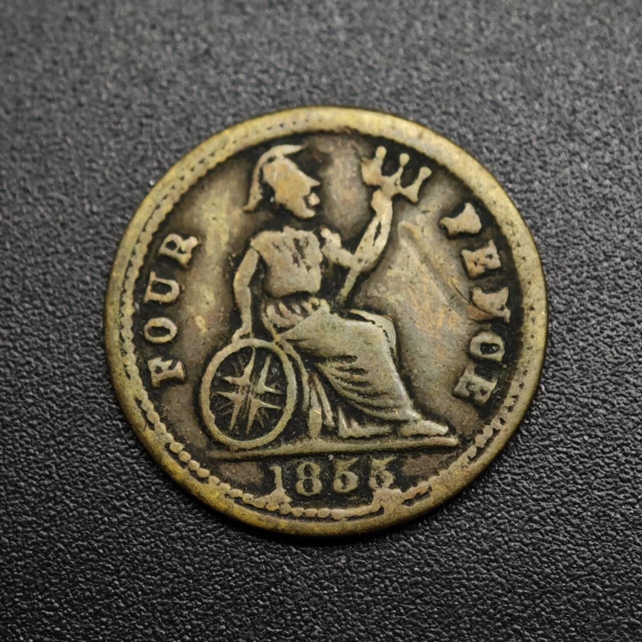 【淘币小摊】限时拍第八百五十七拍  老铜币场  满百包邮可预留两周  周一统一发货  英国1855面维多利亚4便士铜代币