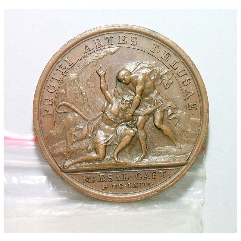 【旋风钱币】1月31日19:00准时开拍 精美欧洲币章、银币银章、第三帝国钱币等 全场包邮！ 【艺术】法国艺术大章1663年 太阳王路易十四马尔塞战役高浮雕精制大铜章 40MM