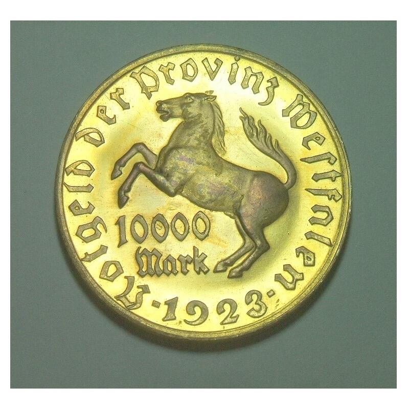 德国1923年威斯特法伦1万马克镀金大马币 精制原光