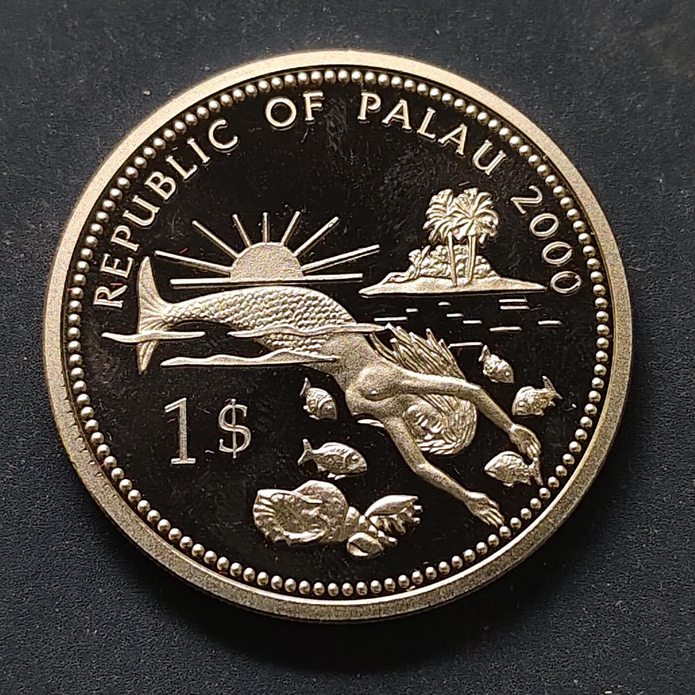 【全场包邮】纯粹捡漏拍498场-持续更新中 【少见】帕劳2000年1元海洋生物保护系列剑鱼彩色克朗型纪念币-量8000