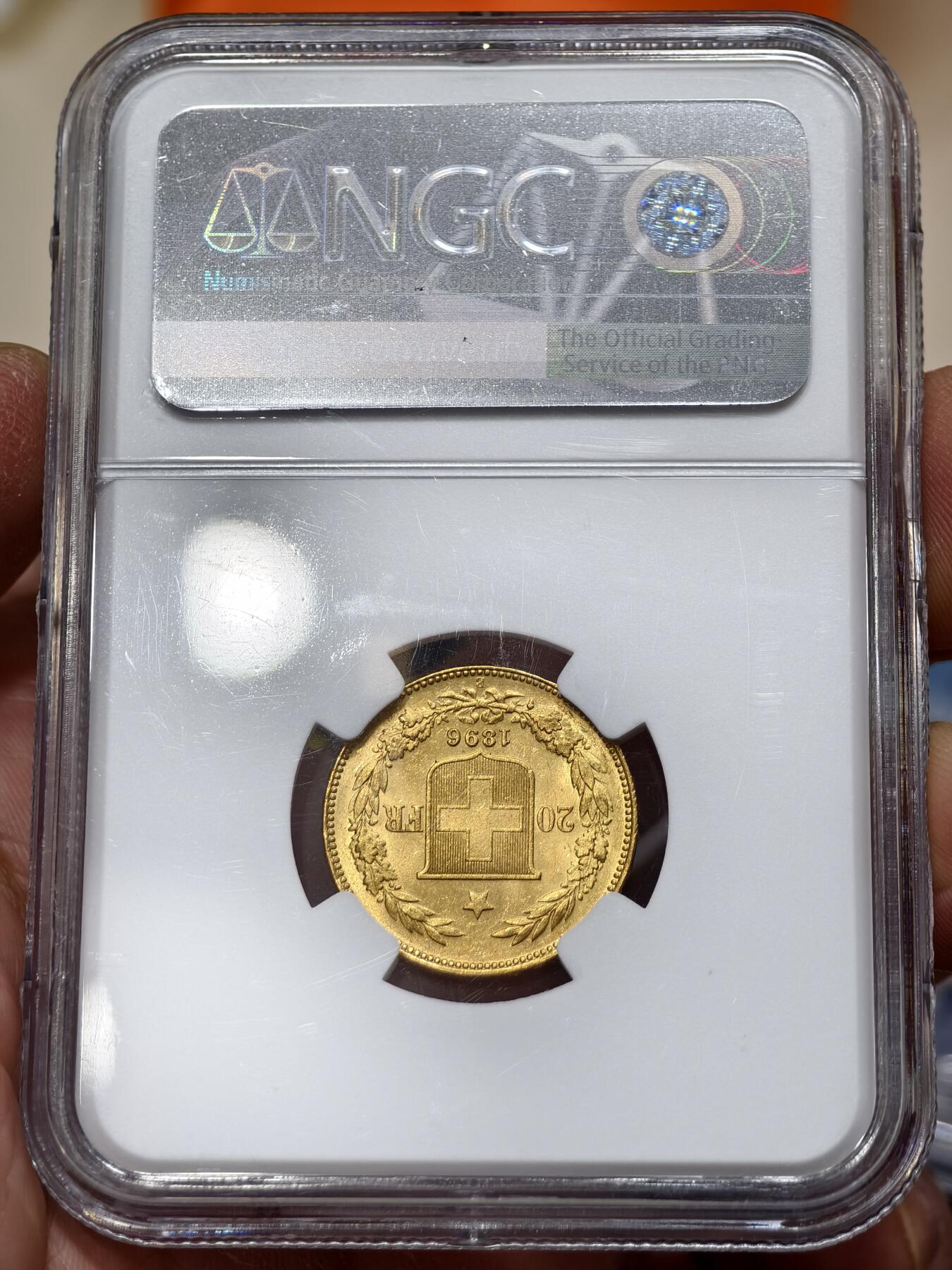 NGC-MS63瑞士1896年B版20法郎金币