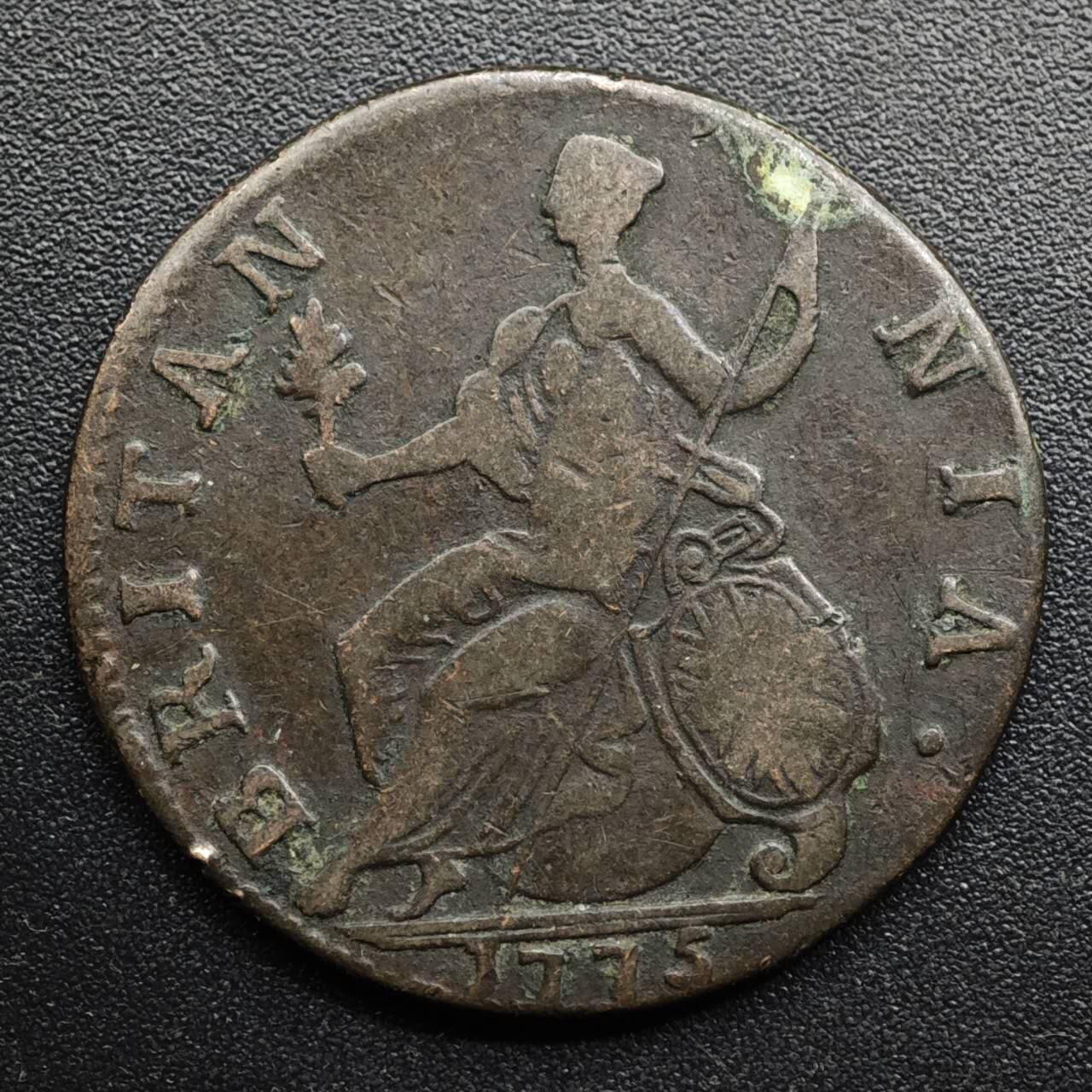 【淘币小摊】限时拍第八百五十七拍  老铜币场  满百包邮可预留两周  周一统一发货  英国1775年乔治三世半便士铜币