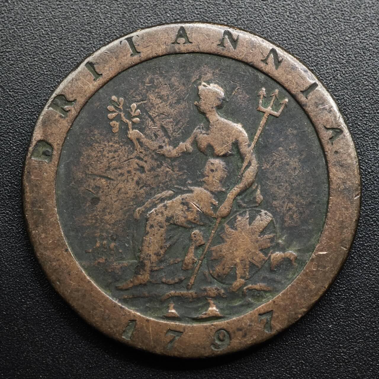 【淘币小摊】限时拍第八百五十七拍  老铜币场  满百包邮可预留两周  周一统一发货  英国1797年乔治三世一便士车轮大铜币