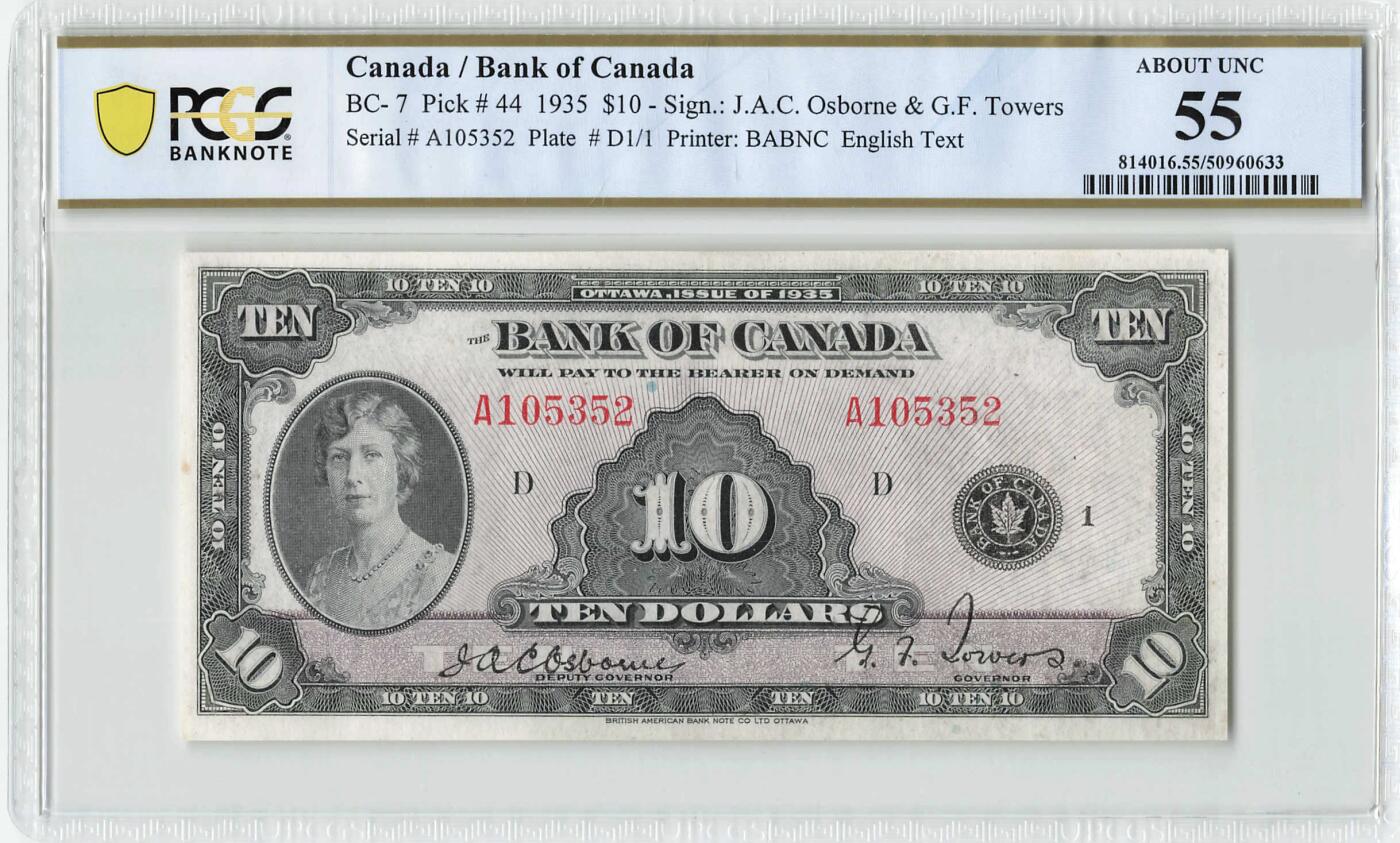 小福收藏拍卖第200期 【庆典场 中拍就有好礼相赠】评级币精选场 本期有捷克斯洛伐克20年100克朗慕夏作品大珍 69分倒置百位号布隆迪世界最大纸币  35年版加拿大经典 苏格兰格拉斯哥大学500年纪念钞倒置小号 卡塔尔80年100里亚尔冠军分 美国教育券 意大利拉斐尔 乌克兰 库克群岛 墨西哥 南斯拉夫 亚美尼亚等多国精美高分珍稀老钞精品纸币 加拿大 1935年 10元 玛丽公主 A冠 无47 PCGS55