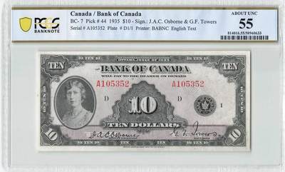 小福收藏拍卖第200期 【庆典场 中拍就有好礼相赠】评级币精选场 本期有捷克斯洛伐克20年100克朗慕夏作品大珍 69分倒置百位号布隆迪世界最大纸币  35年版加拿大经典 苏格兰格拉斯哥大学500年纪念钞倒置小号 卡塔尔80年100里亚尔冠军分 美国教育券 意大利拉斐尔 乌克兰 库克群岛 墨西哥 南斯拉夫 亚美尼亚等多国精美高分珍稀老钞精品纸币 - 加拿大 1935年 10元 玛丽公主 A冠 无47 PCGS55