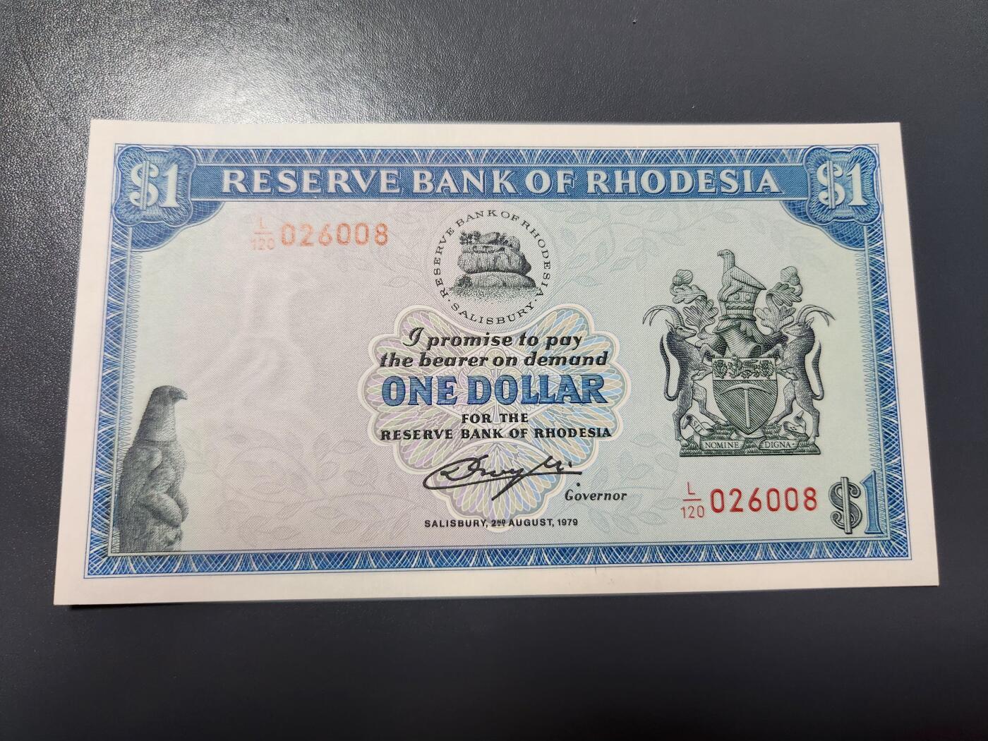 1月29号晚上8点 外国纸币自动截拍第15场 动物水印第二版1979年 罗德西亚1元新品