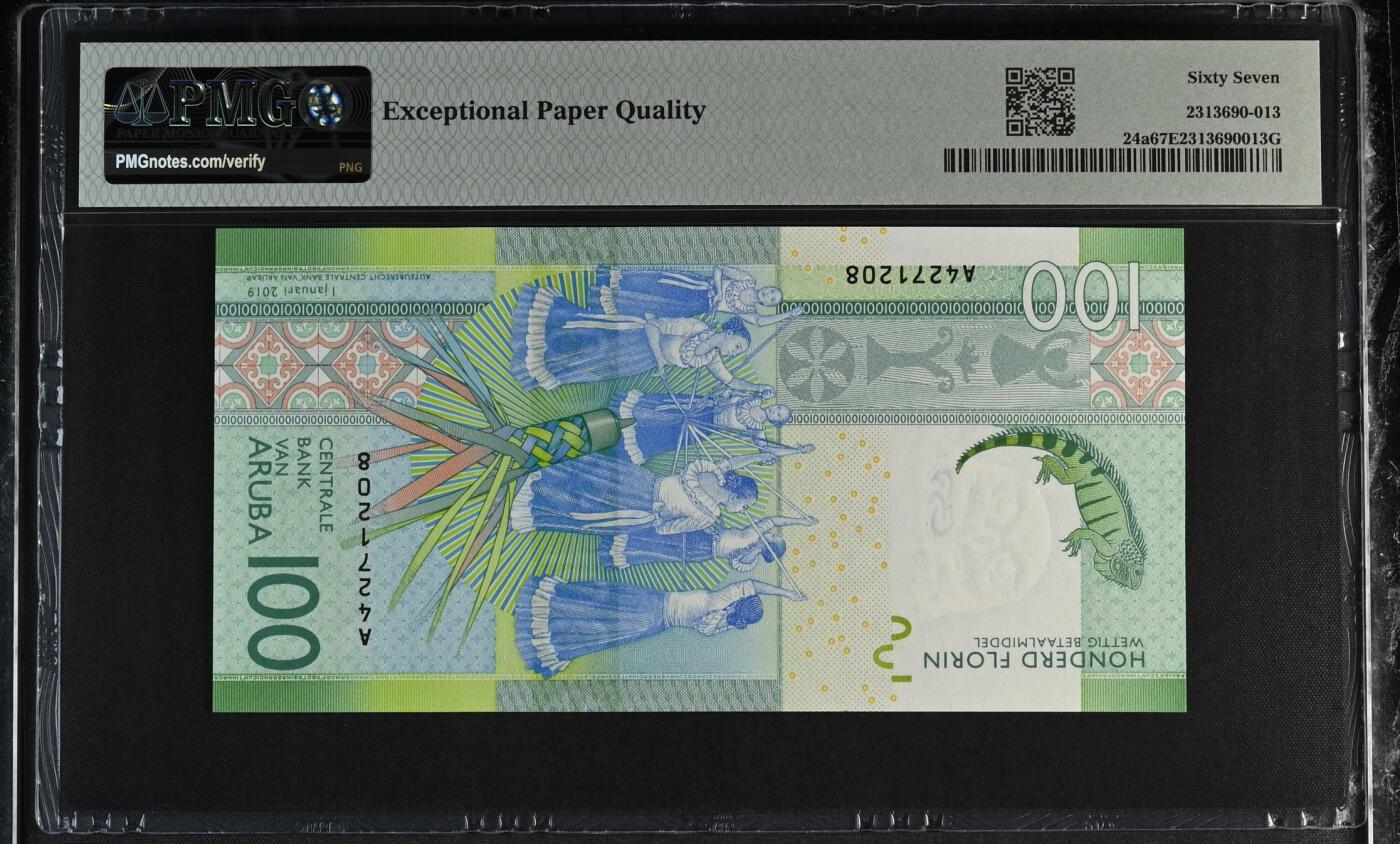 《艾美收藏》第230期-2.1周日外币年前精品场 阿鲁巴2019年A冠100福林PMG67E尾8 大蜥蜴 IBNS获奖钞