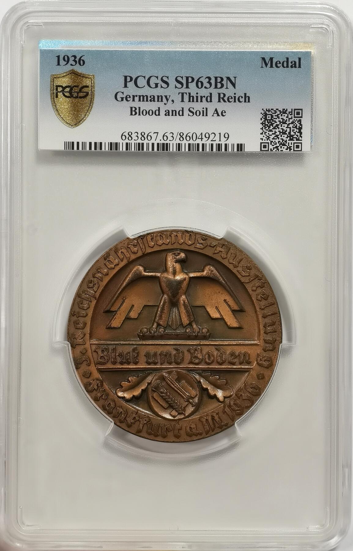 博洋堂世界钱币拍卖第159期（全场包邮） PCGS SP63BN 德国第三帝国1936年“血与土”（Blut und Boden）主题纪念大铜章，唯一冠军分！