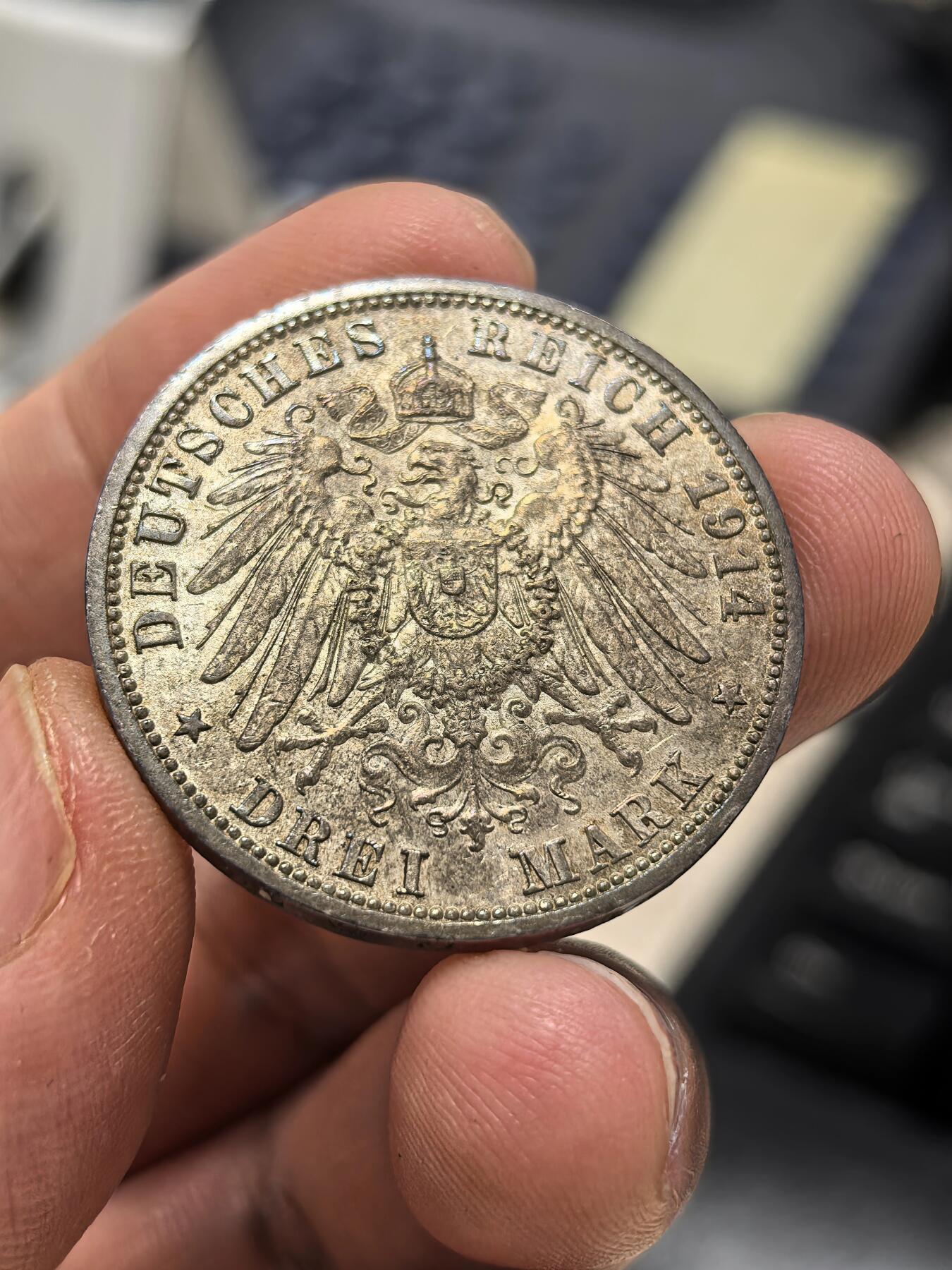 博洋堂世界钱币拍卖第159期（全场包邮） 德国普鲁士1914年威廉二世军装3马克银币包浆自然带底光