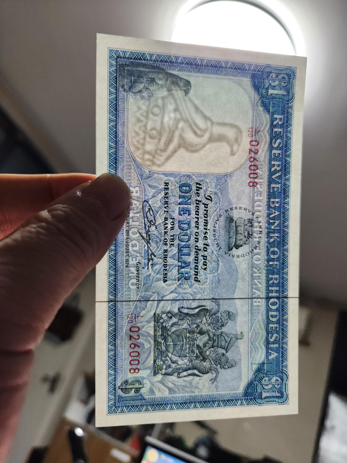 1月29号晚上8点 外国纸币自动截拍第15场 动物水印第二版1979年 罗德西亚1元新品