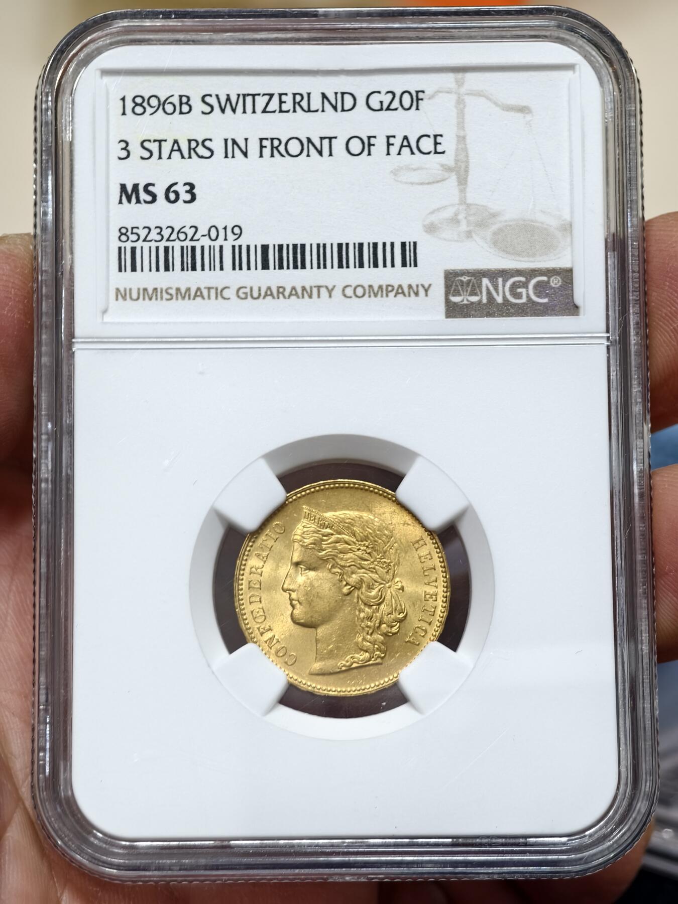 NGC-MS63瑞士1896年B版20法郎金币