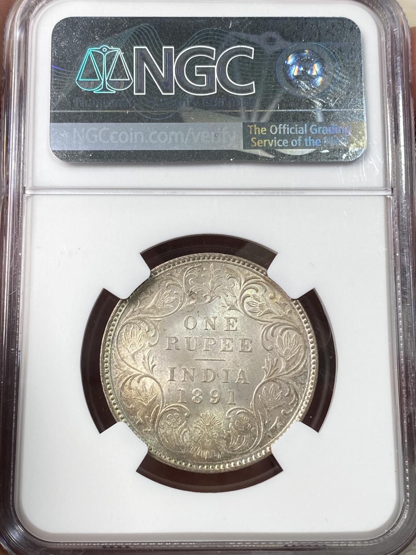 万国钱币拍卖第060期（万国六十期纪念大拍） NGC MS64 1891B英属印度维多利亚女王卢比银币 孟买厂铸造 全深打粉光五彩极美 观感远超分数的收藏级品质