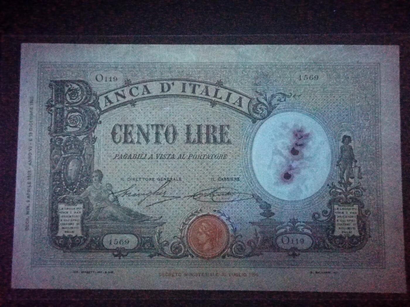 2026二月第一期，总215期 意大利1928年100里拉AUNC有孔洞，早期大票幅中高面值品种，比二战时简化印刷版本更少见