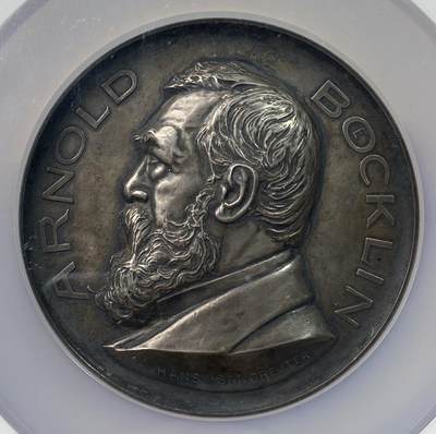 万国钱币拍卖第060期（万国六十期纪念大拍） - NGC MS62 1897年瑞士象征主义画家阿诺德·勃克林70岁大寿纪念大银章 婀娜多姿的丰腴双女神献上祝福 巨型大规格71MM 165.6G