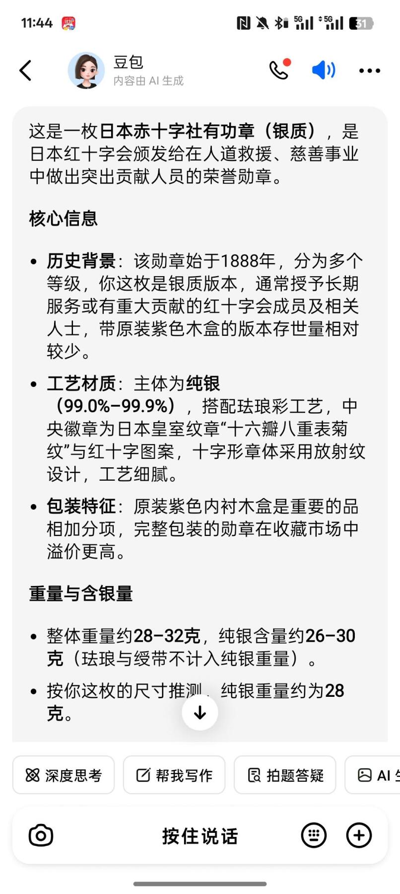 日本赤十字社有功章（银质）