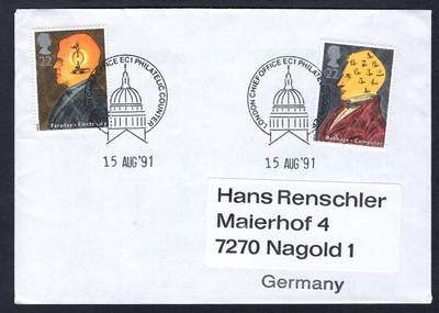 洪涛臻品批发群 精选邮票限时拍卖第1242期  - 英国1991年寄德国实寄封 科学家及技术 带原始内件