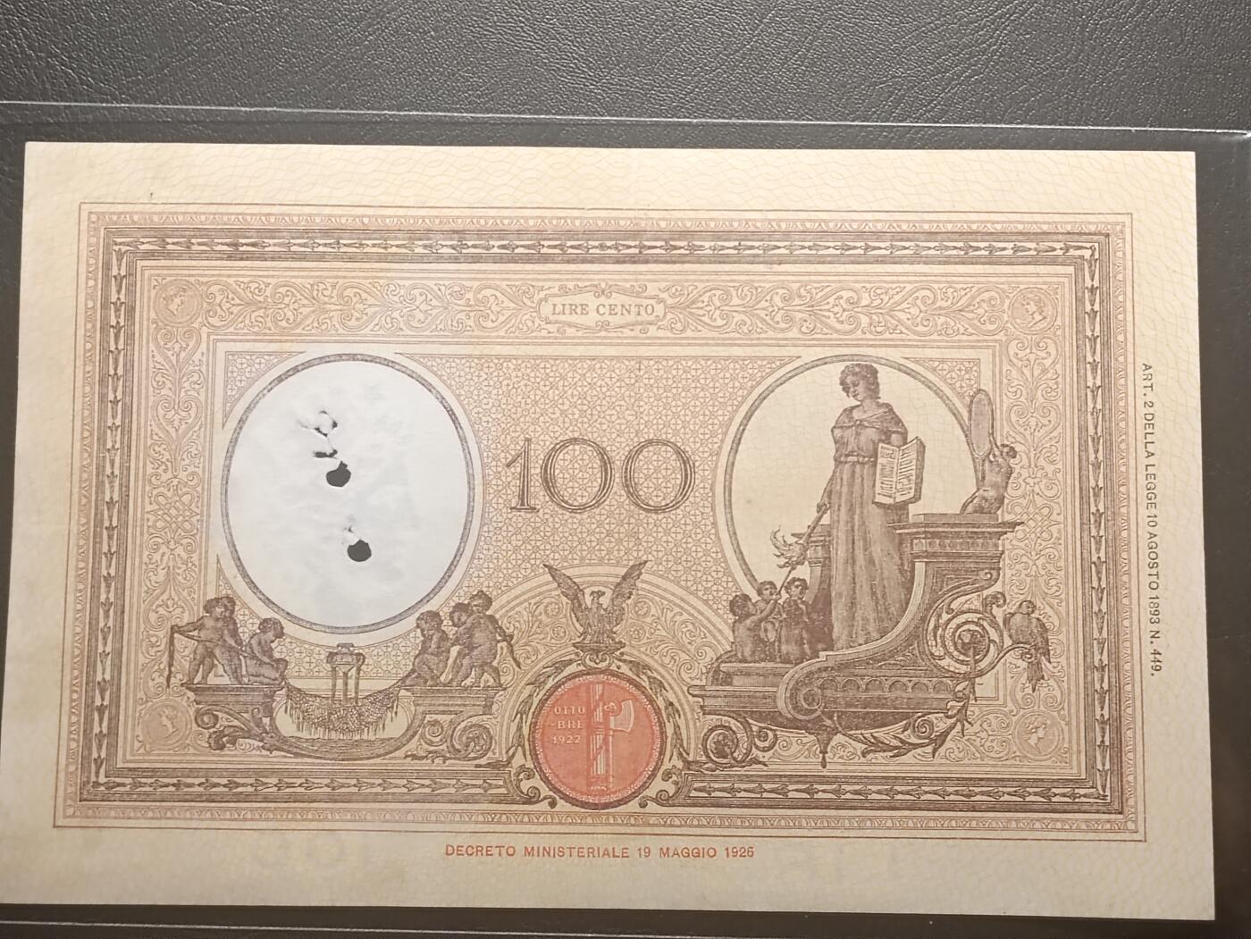 2026二月第一期，总215期 意大利1928年100里拉AUNC有孔洞，早期大票幅中高面值品种，比二战时简化印刷版本更少见