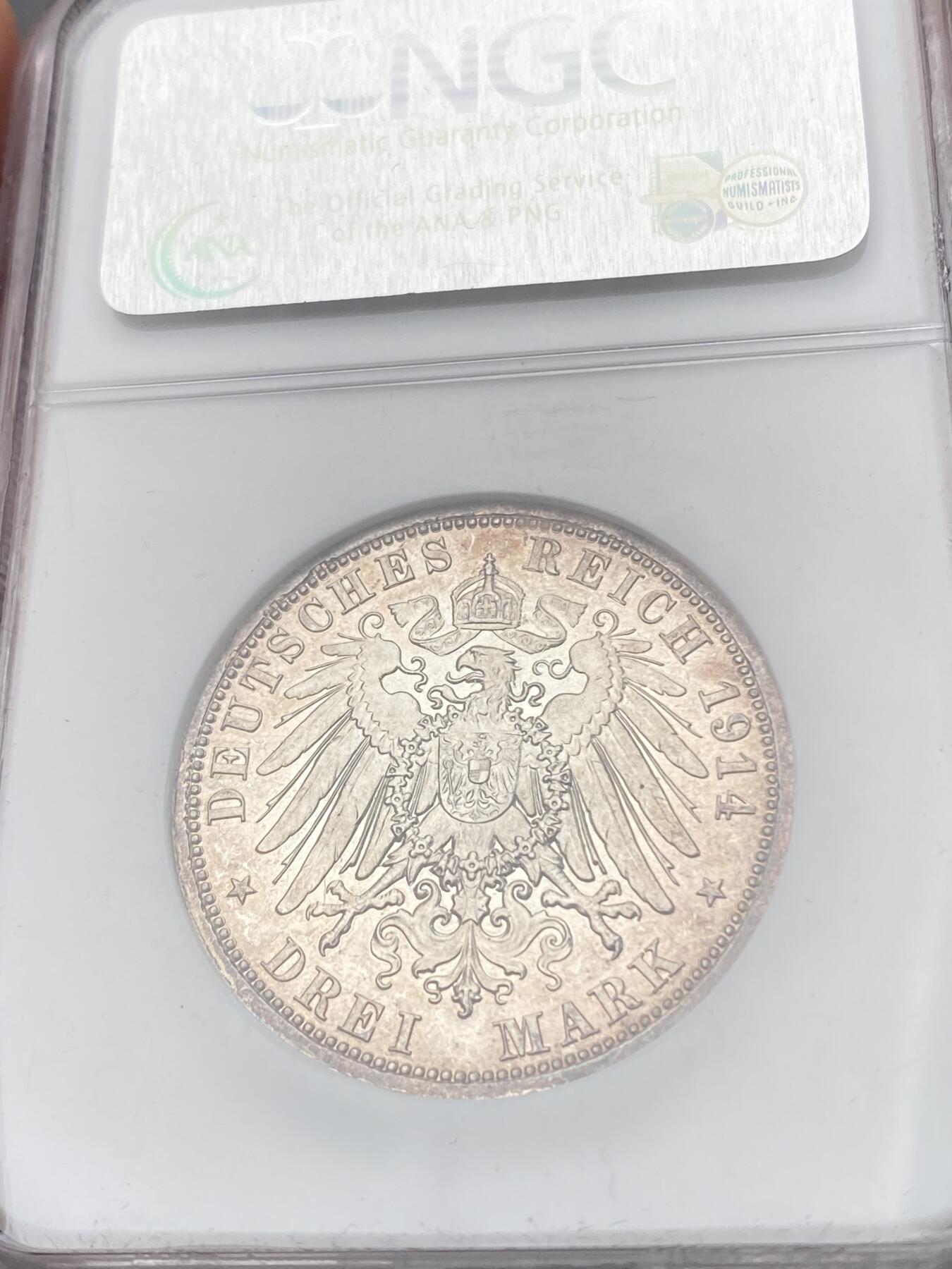 万国钱币拍卖第060期（万国六十期纪念大拍） NGC PF63CAM 1914德国安哈特德绍结婚纪念精制长翅3马克银币 经典小邦品种 镜面精铸五彩极美 NGC老白盒收藏级品质