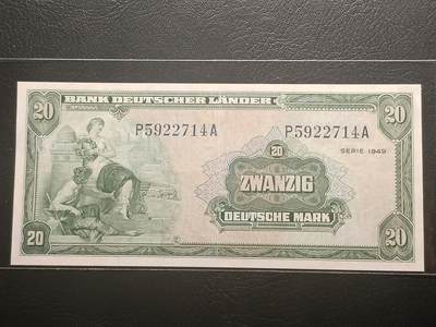2026二月第一期，总215期 - 德国1949版20马克流通好品XF，后期“德意志国家银行”抬头，铁匠和桂冠女神
