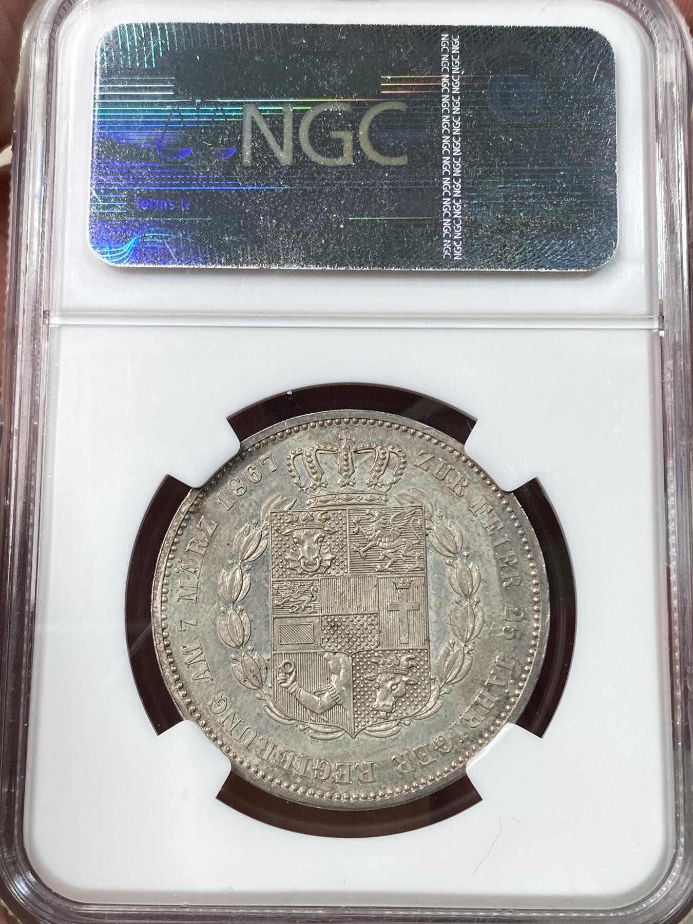 万国钱币拍卖第060期（万国六十期纪念大拍） NGC MS62 1867德国梅克伦堡弗雷德里希-弗朗茨五世纹章泰勒 高难小邦品种 原味德式淡彩浮雕质感 NGC老盒错标瓦尔德克