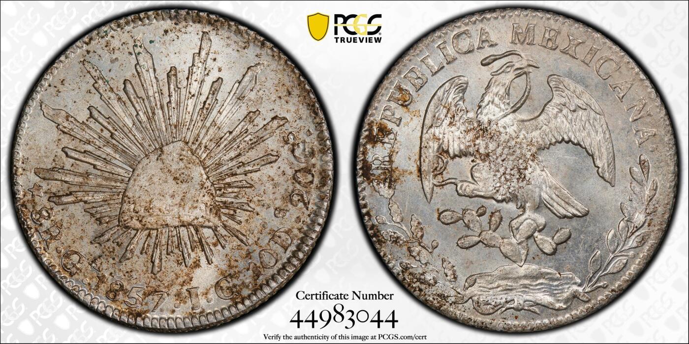 博洋堂世界钱币拍卖第159期（全场包邮） PCGS MS63 墨西哥1857年GA JG版花边鹰洋，五级鹰，该年版鹰面胸毛处均如此，22年ha和sbp两枚同分成交价格分别为7200和8400rmb