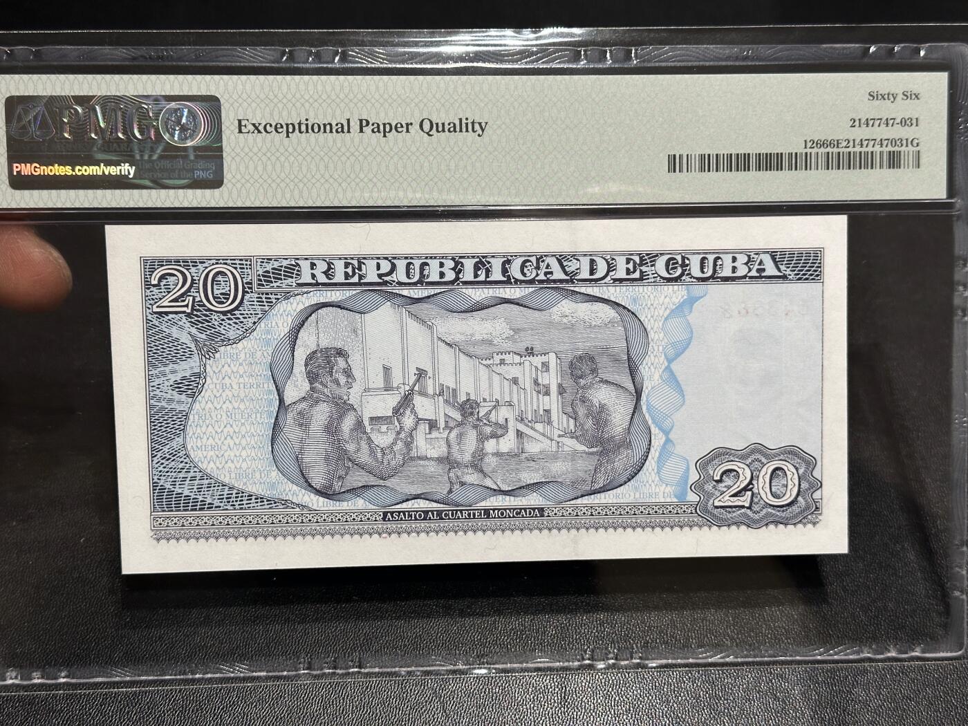 《外钞收藏家》第六百零六期（精品场）（本平台长期征集拍品、欢迎藏友们联系合作） 2003年古巴20比索 纪念钞 PMG66