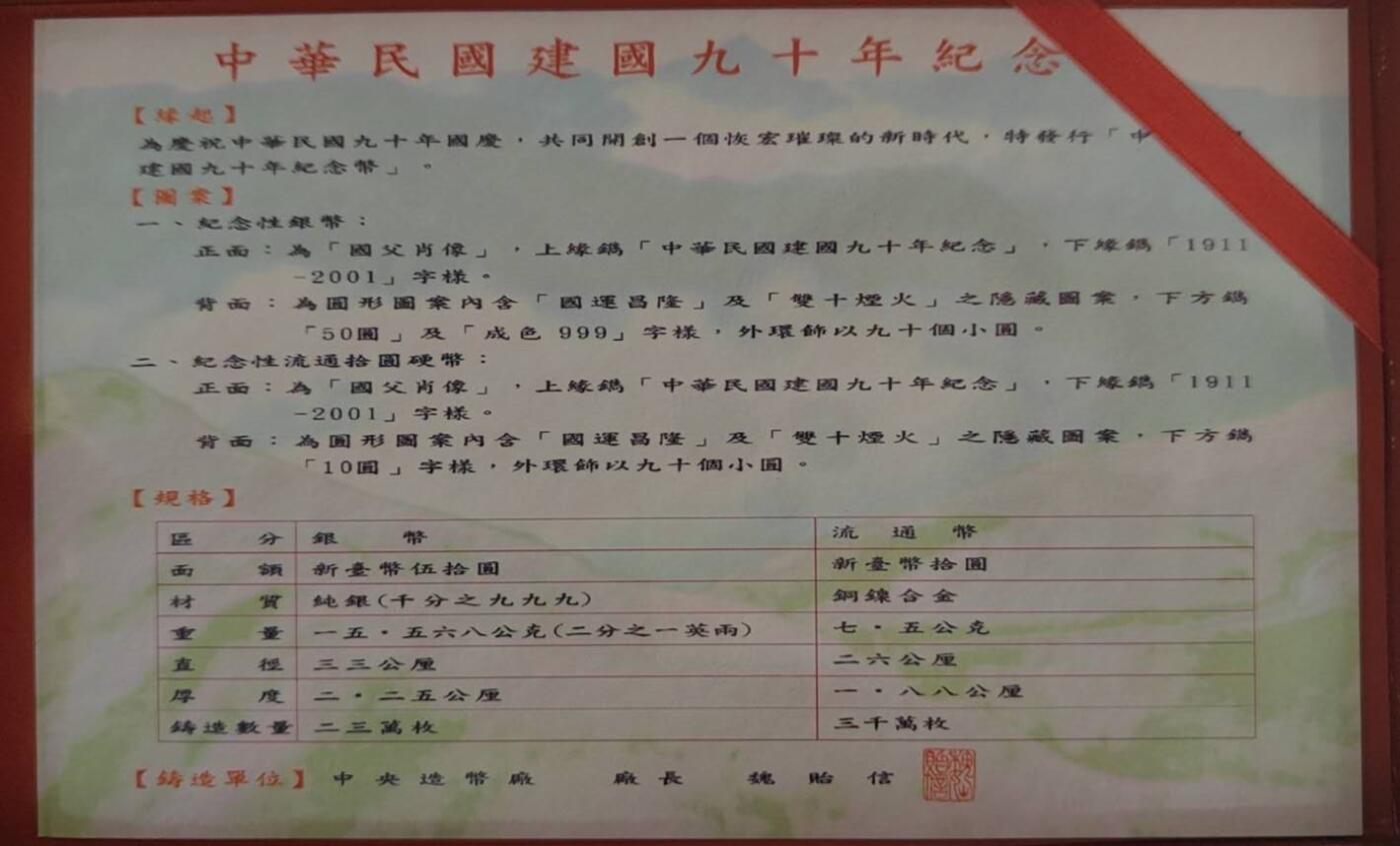 中华民国建国九十年纪念币