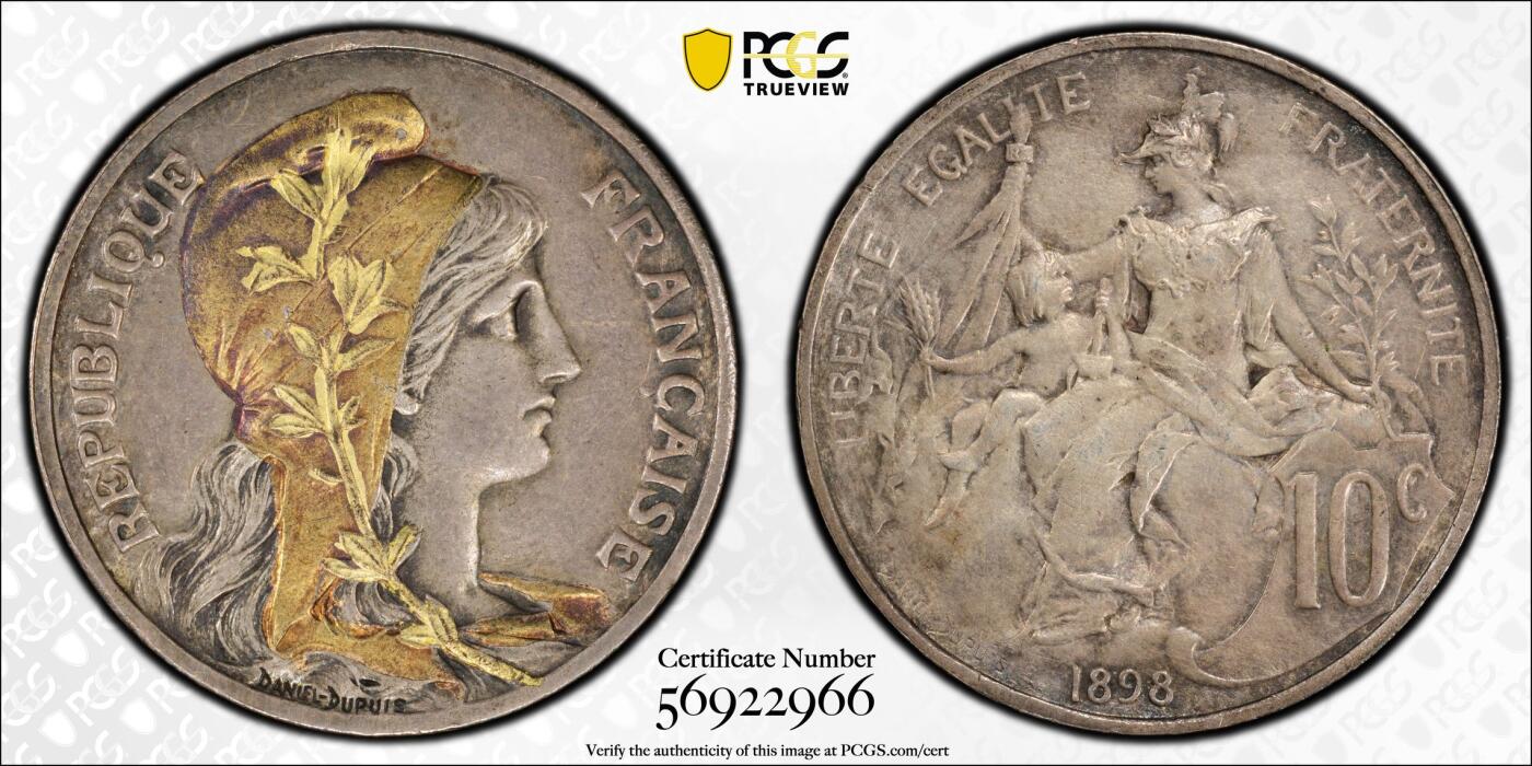 博洋堂世界钱币拍卖第159期（全场包邮） PCGS AU 法国1898年10分铜币，少见当年镀金