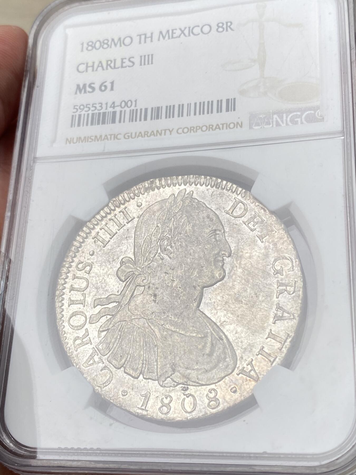 万国钱币拍卖第060期（万国六十期纪念大拍） NGC MS61 1808MO TH西属墨西哥卡洛斯四世人像双柱8R 银霜转光淡雅青灰包浆极美 不可多得的收藏级品质