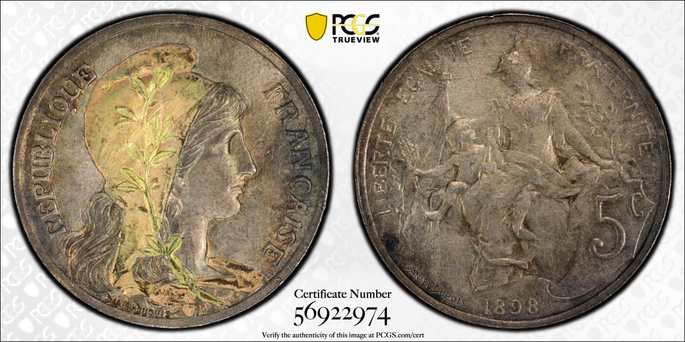 博洋堂世界钱币拍卖第159期（全场包邮） PCGS UNC 法国1898年5分铜币，少见当年镀金