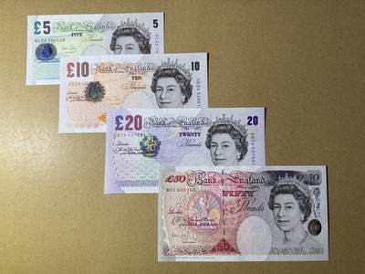 《艾美收藏》第230期-2.1周日外币年前精品场 - 英格兰5、10、20、50镑4张 UNC E序列再版 同签名