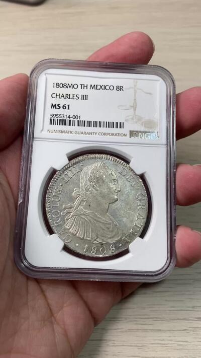 万国钱币拍卖第060期（万国六十期纪念大拍） NGC MS61 1808MO TH西属墨西哥卡洛斯四世人像双柱8R 银霜转光淡雅青灰包浆极美 不可多得的收藏级品质
