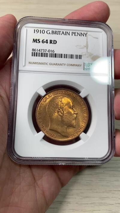 万国钱币拍卖第060期（万国六十期纪念大拍） NGC MS64RD 1910年英国爱德华七世1便士铜币 老铜币极难获得的RD评分 出厂状态的红铜转光令人赏心悦目