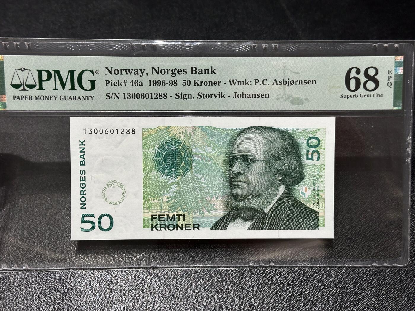 《外钞收藏家》第六百零六期（精品场）（本平台长期征集拍品、欢迎藏友们联系合作） 1996年挪威50克朗 初版 PMG68 高分 无47尾88