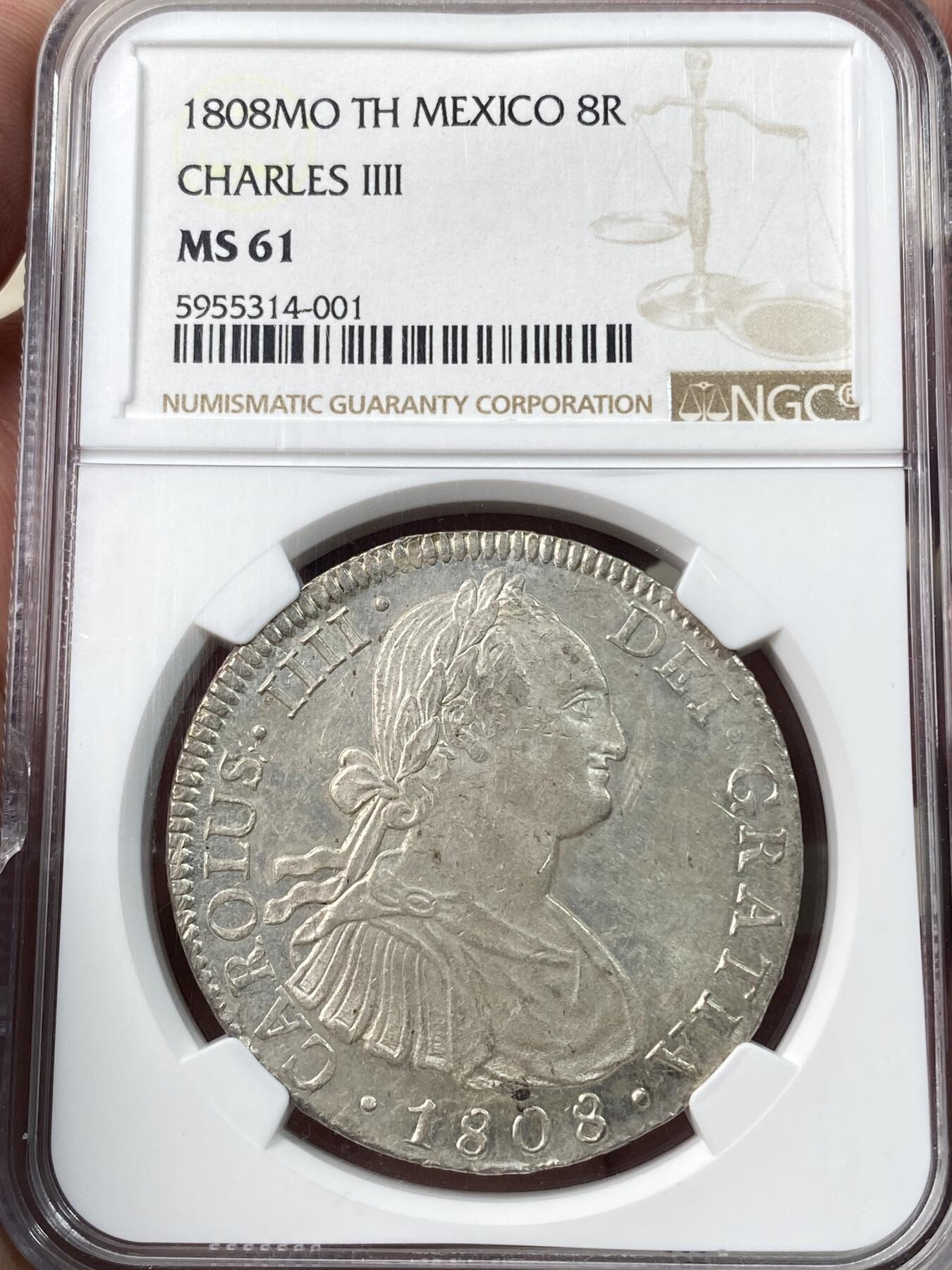 万国钱币拍卖第060期（万国六十期纪念大拍） NGC MS61 1808MO TH西属墨西哥卡洛斯四世人像双柱8R 银霜转光淡雅青灰包浆极美 不可多得的收藏级品质